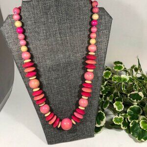 Shades of Pink Tan Wood Beaded 26 Inch Chunky Statement Colorful Necklace